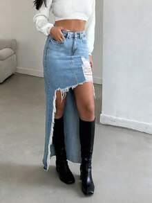 Women's High Slit Distressed Ripped Denim Maxi Skirt - Irregular Frayed Fringe Hem Pocketed Denim Skirt, Spring/Summer Daily Versatile Women's Clothing - Rửa trung bình - Xem 3