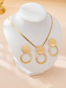 Bộ 4 món trang sức hình cỏ bốn lá rỗng hai lớp, phong cách tối giản cổ điển, thanh lịch, gồm dây chuyền, vòng tay và bông tai, thích hợp làm quà tặng, dự tiệc và đeo hàng ngày. - Vàng - Xem 2
