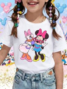 Disney Minnie Mouse & Daisy Duck Best Friends BFF Retro Fashion Sunglasses Printed Pattern T-Shirts For Girls - Children's Clothing Design Short-Sleeved Casual And Cute Style Comfortable And Casual Wear All Year Round Suitable For Parties And Play Machine Washable Gift Children's Clothing Girls' Short-Sleeved Shirts - trắng - Xem 1