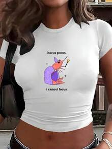 1pc I Cannot Focus Wizard Shrimp Graphic Print Women's Fashion Short Sleeve T-Shirt,Y2K Top Crop,Back To School,Vintage,Street Wear, Rock, Holiday, Vacation, Festival, Summer Tops - 白色 - 查看 1