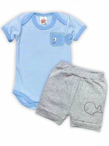 Conjunto bebê Menino - Body e shorts verão - baby bee - Azul bebê - Visão 2