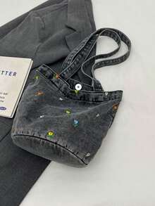 Vintage Denim Floral Embroidery Versatile Shoulder Bag, Student Lunch Bag, Bucket Bag For Women - Black - View 4
