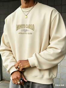 Men Letter Graphic Sweatshirt-Fall/Winter Casual Vintage Style Unisex Relaxed Fit Cotton Blend Long-Sleeve Crewneck Sweatshirtcomfortable And Breathable - 杏色 - 查看 3