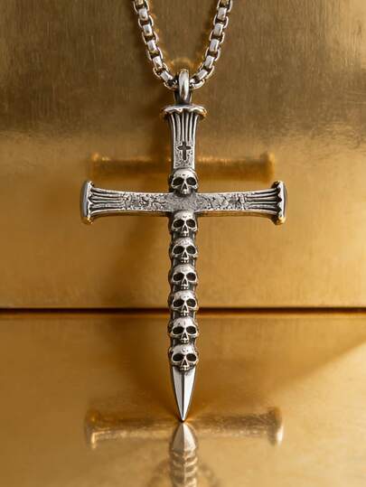 1PC New Fashion Skull Cross Nail Gothic Pendant Necklace, Accessories For Men And Women, Amulet Necklace, Great Gift Choice