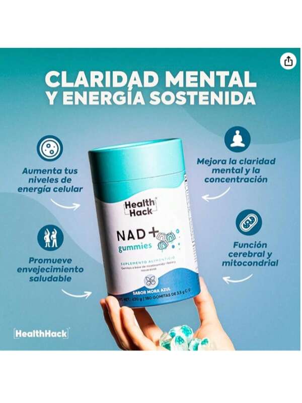 Gomitas de NAD+ con Resveratrol sabor Mora Azul | 180 gomitas enriquecidas con Quercetina, Nicotinamida Ribosa, Q10 coenzima, Ingredientes Naturales, Formula Vegana Sin Azucar | Health Hack - NAD