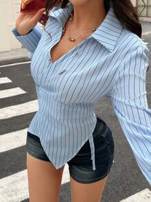 Camisa de mujer de estilo francés de verano EARO, de manga larga a rayas verticales azules, diseño de botones de cuello en V profundo, bajo asimétrico estilizador de blusas - Azul - Ver 4