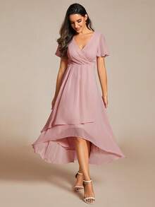 EVERPRETTY Elegant Chiffon V-Neck Ruched Front Pink Bridesmaid Dress, Soft High-Low Ruched Hem, Suitable For Wedding Ceremony And Formal Evening Occasions - Dusty Pink - View 6