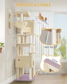 Arbre à chat Hzuaneri 200 large, griffoir avec 2 lits et 10 sisal, durable pour grands chats Maine, comprend 2 hamacs, gris clair MS20018LG - Beige - Voir 7