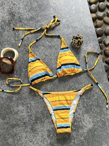 女士比基尼沙滩装条纹印花可爱复古平角短裤健身服沙滩装休闲日常装，适合假日、约会、下午茶、度假、音乐节、外出等场合，2026春夏泳装 - 黃色 - 查看 1