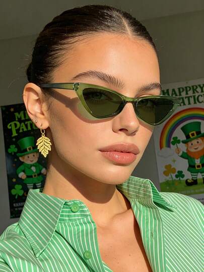 1 PC Women's St. Patrick's Day Cat Eye Fashion Glasses Transparent Green Slim Frame Vintage Style Suitable For Concerts Decor With Glasses Box