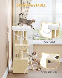 HaluPeit Cat Tree, 98cm Small Cat Tree, Spacious And Stable, With Soft Large Platform, Plush Balls, Caves, Scratching Posts, Cat Scratching Board, Beige - Beige - View 3