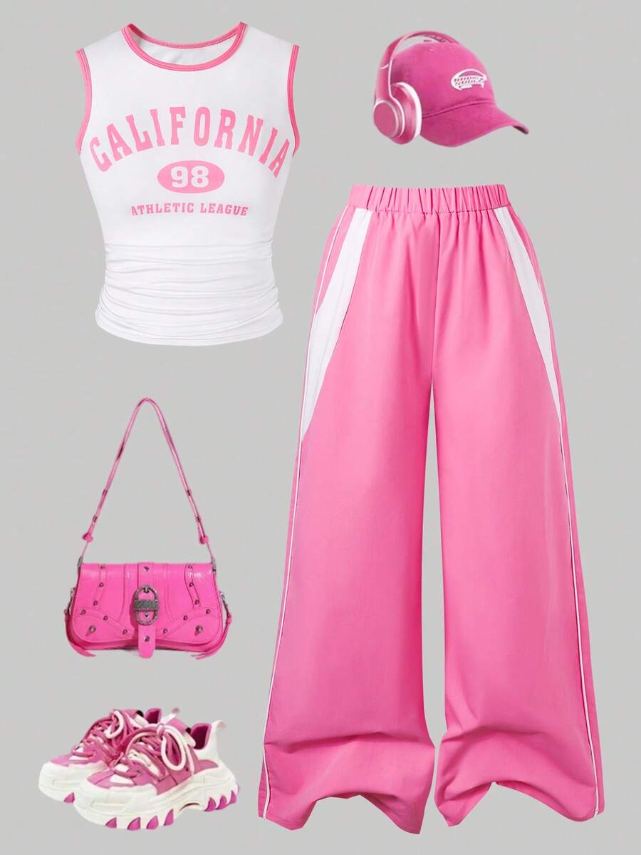 Printed Letter Waist Cropped Shorts + Solid Color Straight Leg Pants Set, For Teens, Spring/Summer - Pink - View 1