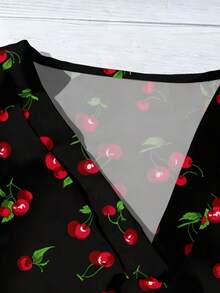 Casual Women's Black Cherry Print Blouse, V-Neck Ruffle Cap Sleeve Top With Buttons, Comfortable Woven Fabric For Everyday Or Spring - Multicolor - View 5