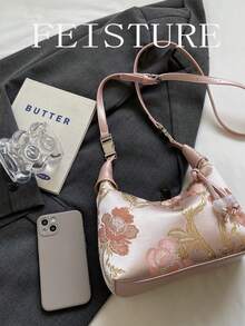 1pc Solid Color Nylon Fabric Chinese Style Embroidered Floral Bucket Tote Bag, Suitable For Shopping, Dating, Women's Gift, Office Lady, Ideal For Office, School, Work, Commuting - Pink - View 6