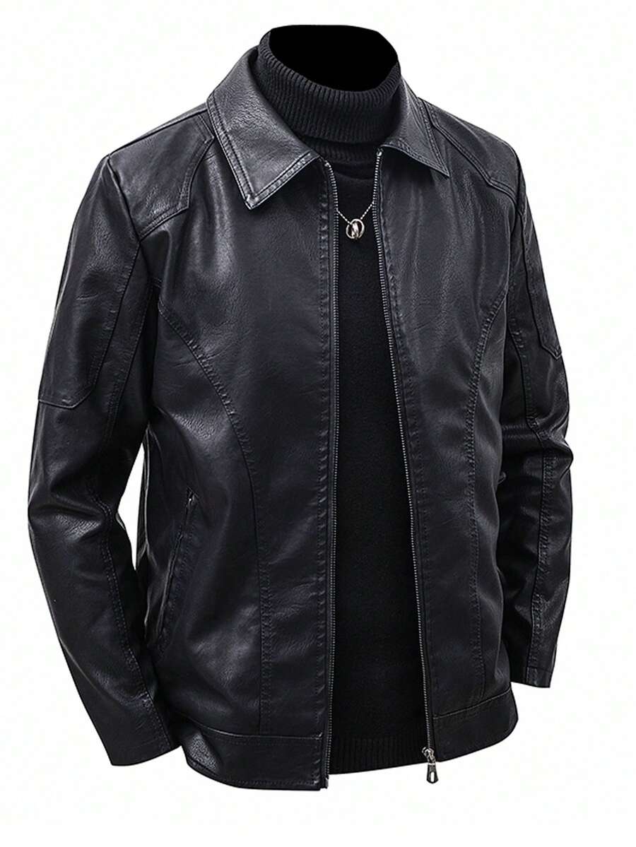 Men's Lightweight Spring PU Leather Jacket - Black - View 1