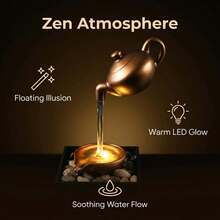 1-Piece USB-Powered Floating Teapot Tabletop Water Fountain – Dark Gold Gilded Design With LED Light & Pebble Landscape, Soothing Flow For Relaxation & Positive Energy, Ideal Housewarming Present & Minimalist Home Decor - 懸壺流水擺件 - 查看 8