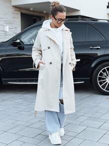 Damen-Trenchcoat mit doppelter Knopfleiste, knielang, normale Passform, Polyestergewebe, glattes Futter, Seitentaschen, klassischer Stil. - Beige - Übersicht 2
