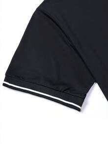 2pcs/Set Casual Polo Shirt Outfit, Short Sleeve T-Shirt With Polo Collar & Printed Pattern, Drawstring Waist Shorts, Suitable For Summer Sports, Beach, Outdoor - Black - View 6