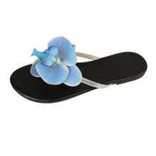 2025 New Summer Korean Style Fashion Butterfly Orchid Flower Creative Fairy Style Resort Slippers, Minimalist Sexy Niche Versatile Beach Holiday Sandals, Yellow - 寶藍色 - 查看 13
