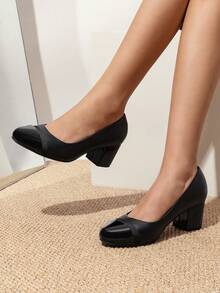 Wide Fit Women's Pumps Low Chunky Block Heel Dress Shoes Closed Round Toe Comfortable Heels - 黑帕特 - 查看 1