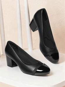 Wide Fit Women's Pumps Low Chunky Block Heel Dress Shoes Closed Round Toe Comfortable Heels - 黑帕特 - 查看 3
