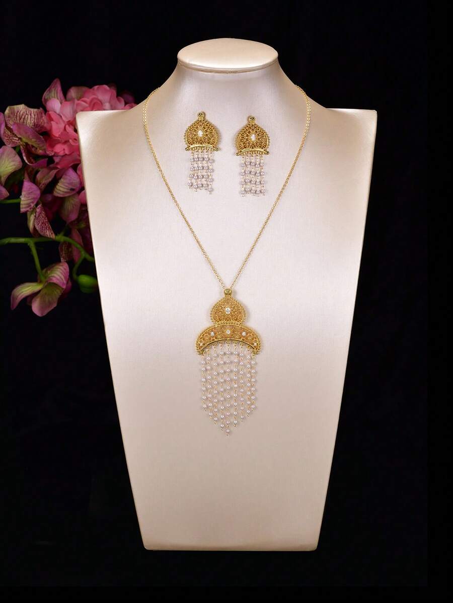 3pcs/Set Vintage Hollow Carved Copper Plated Gold Faux Pearl Tassel Necklace & Earrings Set, For Women Wedding Party Holiday Accessories - Yellow Gold - View 1