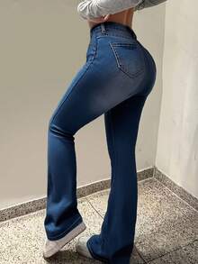 E-Girl Multi-Button Flare Jeans High Waist Stretchy Slim Hip-Lifting Daily Commute Pants - 深色水洗藍 - 查看 4