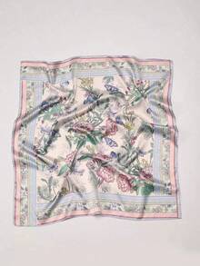 1PC Ladies Boho Florals Butterflies Print Square Scarf Elegant Neckerchief Bandana Women Satin Head Scarf Hair Accessories - 彩色 - 查看 1