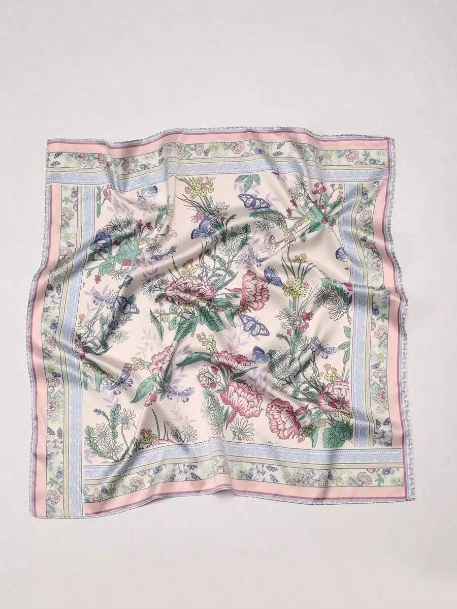 1PC Ladies Boho Florals Butterflies Print Square Scarf Elegant Neckerchief Bandana Women Satin Head Scarf Hair Accessories - 彩色 - 查看 1