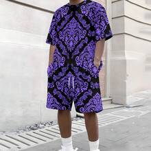 2-Piece Cool & Mysterious Knit Fabric Set, Unique & Delicate, For Men's Night Outings, Summer Blue & Black Contrast Snake Pattern Short Sleeve & Beach Shorts - Multicolor - View 4