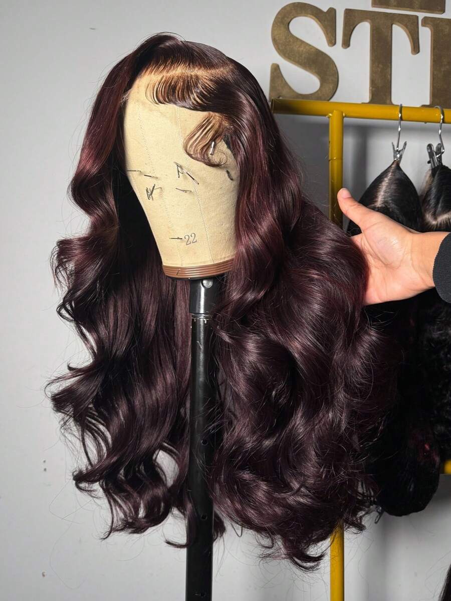 34 Inch 200% 99J Burgundy Body Wave 13x4 Transparent Lace Frontal Human Hair Wigs Pre Plucked With Baby Hair Wine Red 99J Colored Lace Front Wig For Women - S99J - 查看 1