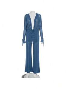 2026 New Women's Fashion Sexy Mesh Swinging Neck Strap Long Sleeve Top Slim Pants Set - Màu xanh lam - Xem 4
