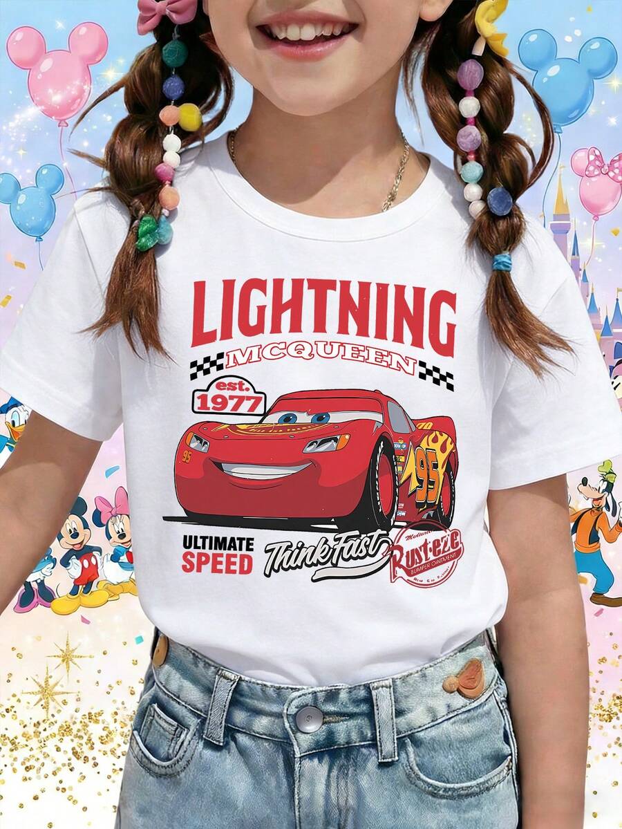 Disney Cars Lightning McQueen Rust-Eze Racing Graphic Printed Pattern T-Shirts For Girls - Children's Clothing Design Short-Sleeved Casual And Cute Style Comfortable And Casual Wear All Year Round Suitable For Parties And Play Machine Washable Gift Children's Clothing Girls' Short-Sleeved Shirts - 白色 - 查看 1