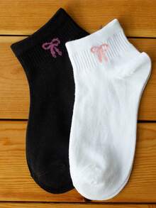 1/5/10/20 双装女士短袜，粉色蝴蝶结设计，夏季隐形袜，休闲薄款船袜 - 彩色 - 查看 5