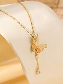 1件优雅月亮、花朵、星星、蝴蝶、水滴、心形、旋转行星吊坠项链，闪亮立方氧化锆精致颈链，适合女士派对、情人节礼物 - 金色 - 查看 7