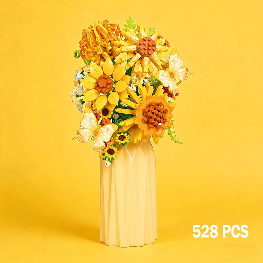 529/418/398/329 Pcs Flower Bouquet Building Blocks DIY Set, Architecture Toy Bricks, Vase Included, Birthday/Valentine's Day Gift For Adult Women, Floral Hobby Enthusiasts