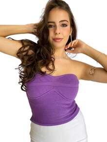 Women's Strapless Cropped Corset Top, Modal Knit, Summer Style With Elastic, Colorful Carnival Style - Purple - View 5