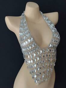 DEKUNER Áo croptop đính đá lấp lánh, áo bralette cổ chữ V sâu, thích hợp cho các bữa tiệc táo bạo ở câu lạc bộ, lễ hội âm nhạc, quà tặng sinh nhật. - Trắng trong suốt - Xem 5