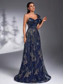 IBTRLY New High-End Luxury Elegant Navy Blue Heavy Beaded Sequin Embroidered Fabric Evening Gown With 3D Shoulder Design, Suitable For Formal Dinner, Party, Bachelorette Party, Wedding, Birthday Party, Homecoming, Ceremony, Ball, Mother Of The Bride - Navy Blue - View 8