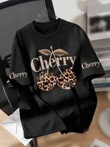 Plus Size Cherry & Leopard Print Round Neck Short Sleeve Loose T-Shirt For Women Back To School Black - Black - View 3