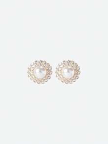 Opalesca 2pcs/Set Oversize Round Full Rhinestone Earrings, Vintage Pearl Earrings Decorations - Round - View 2