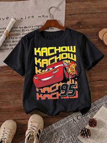 Disney Cars Lightning McQueen "Kachow" Text Repeat & Number 95 Printed Pattern T-Shirts For Girls - Children's Clothing Design Short-Sleeved Casual And Cute Style Comfortable And Casual Wear All Year Round Suitable For Parties And Play Machine Washable Gift Children's Clothing Girls' Short-Sleeved Shirts - 黑色 - 查看 2