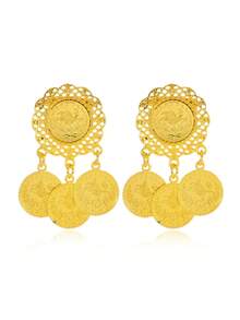 1 Set Of 2 Gold Rhinestone Coin Tassel Pendant, Women's Rhinestone Arabic Style Headscarf Brooch Accessory - Gold - View 3