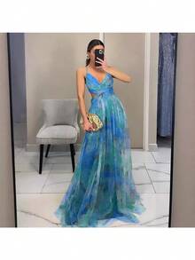 Spring And Summer New Mesh Printing Suspender Dress Vacation Casual Party Dress - 紫色 - 查看 4