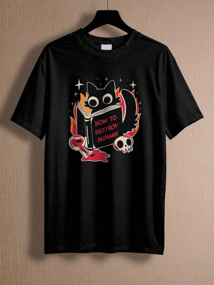 Unisex T-Shirt With Cute Kitten Meme Print, 100% Cotton - New Release - 黑色 - 查看 2