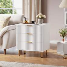 Cómoda acanalada de 3 cajones para dormitorio, mesita de noche moderna con cajones profundos, cómoda con tablero ancho, organizador de madera, mesa auxiliar para salón, pasillo y habitación infantil, color blanco. - Blanco - Ver 1