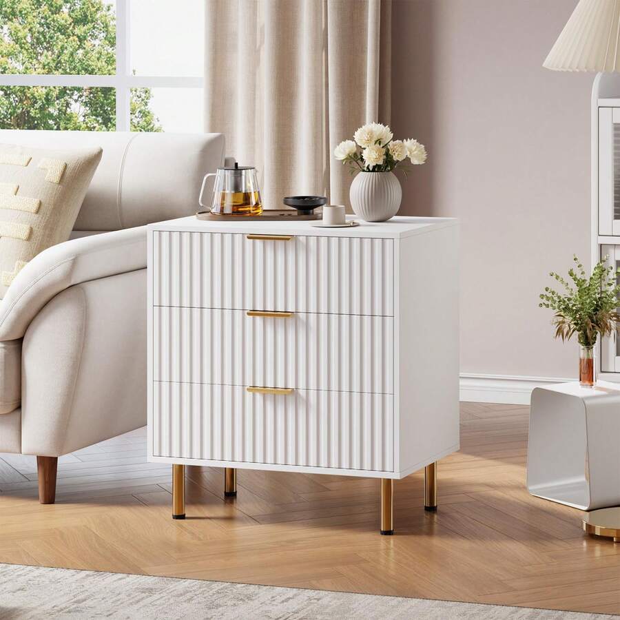 Cómoda acanalada de 3 cajones para dormitorio, mesita de noche moderna con cajones profundos, cómoda con tablero ancho, organizador de madera, mesa auxiliar para salón, pasillo y habitación infantil, color blanco. - Blanco - Ver 1
