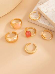 Set de 12 anillos de aleación asimétrica con incrustaciones de acrílico, con un toque lujoso, adecuados para el uso diario de las mujeres, regalo para amigos y familiares - Dorado - Ver 7