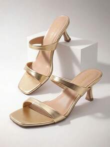 Women Kitten Heel Mule Sandals Square Open Toe Two Strap Slip-On Low Heeled Sandals Casual Summer Mules Shoes - Gold - View 1
