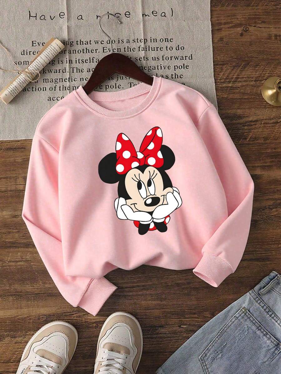 1pc Disney Minnie Mouse Tween Girl Cute Sweatshirt - Adorable Minnie Face Graphic, Soft & Skin-Friendly For Daily Casual Wear & Leisure Hangouts - Pink - View 1